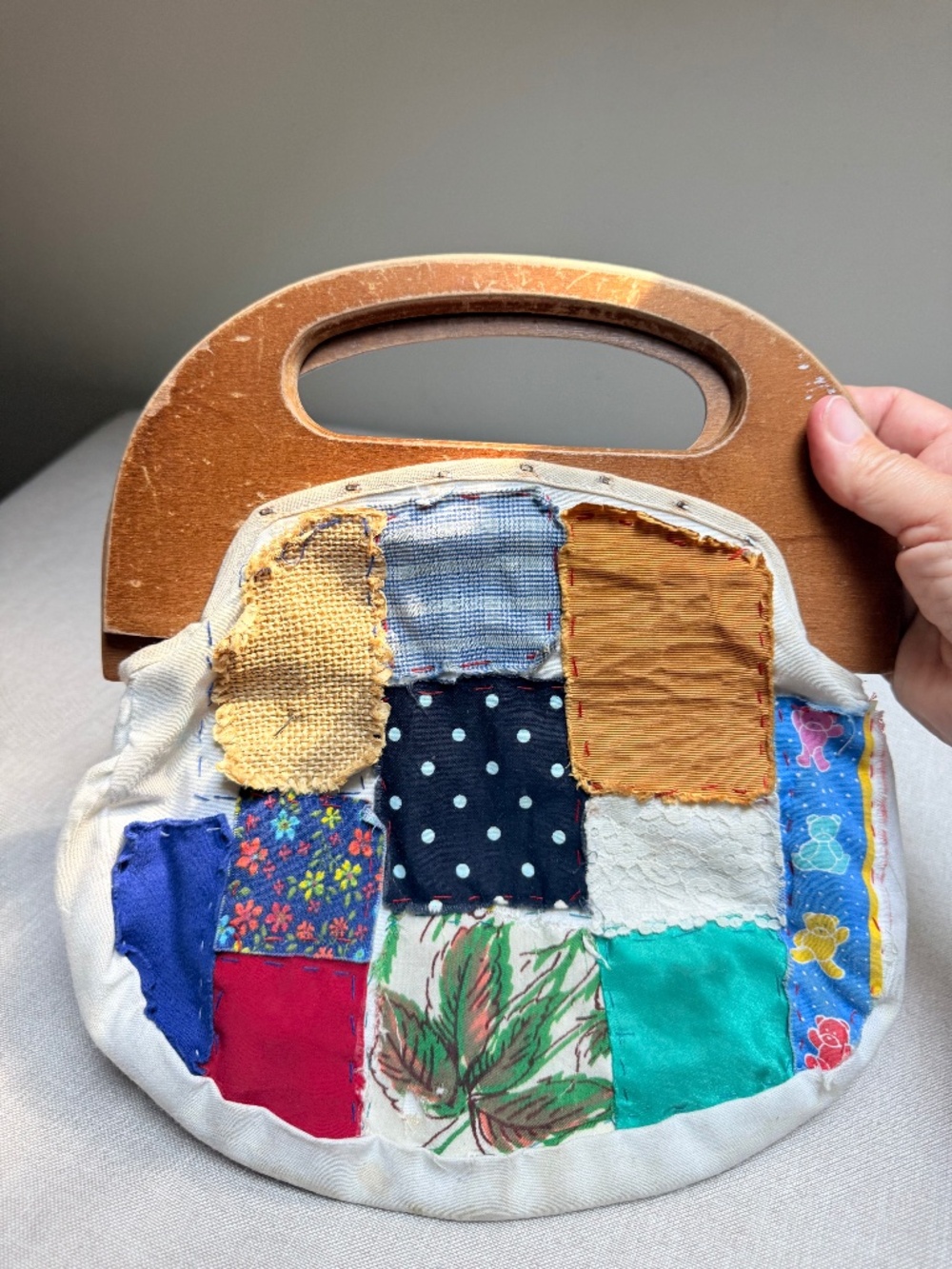 Vintage Handmade Patchwork Purse of Many Colors With Wood Handles
